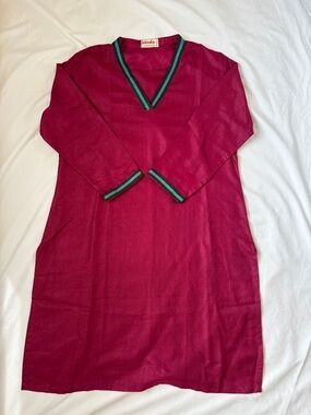 Fabindia Silk Blend A-Line Dress Women’s L Magenta Teal Navy Blue Trim Artisan
